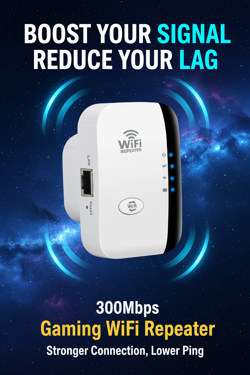 Gaming Wi-Fi Repeater Marketing Image - Corrected Spelling